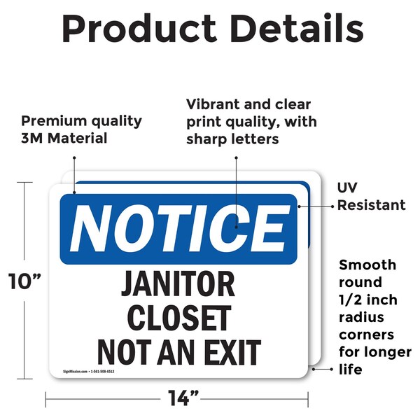 Janitor Closet Not An Exit, 14 In W X Rectangle, Vinyl Decal